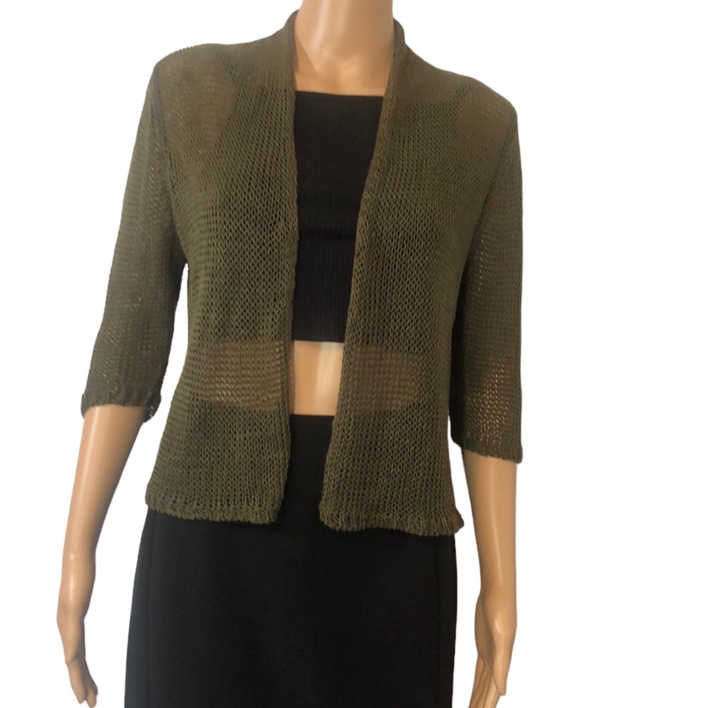 Eileen Fisher cardigan shrug size small loose knit see through olive green.